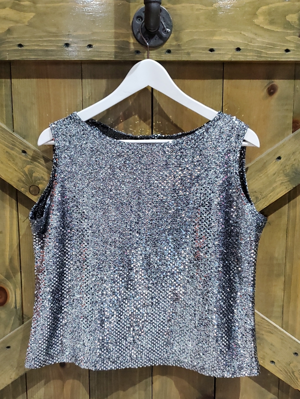 Y2K Silver Shiny Shimmer Sequin Sleeveless Tank Top Flashy Statement Dressy Club